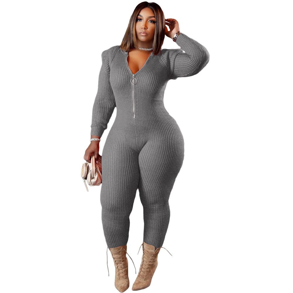 Cap Point Gray / XL Perline Knitted Plus Size One Piece Outfit Hoodies Zip Up Bodycon Bodysuit