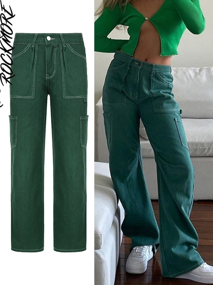 Cap Point Green 1 / S Vintage Streetwear Pockets Wide Leg Baggy Cargo Jeans Pants