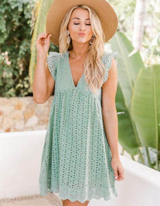 Cap Point Green / 2XL Agathe  Summer Sleeveless Jacquard Cutout V-Neck Beach Lace Dress