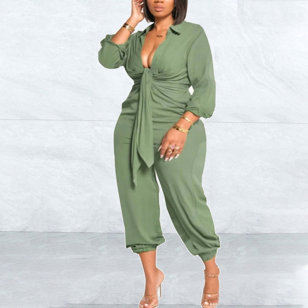Cap Point Green Jumpsuits / L Anita Solid V Neck High Waisted Fashion Jumpsuit