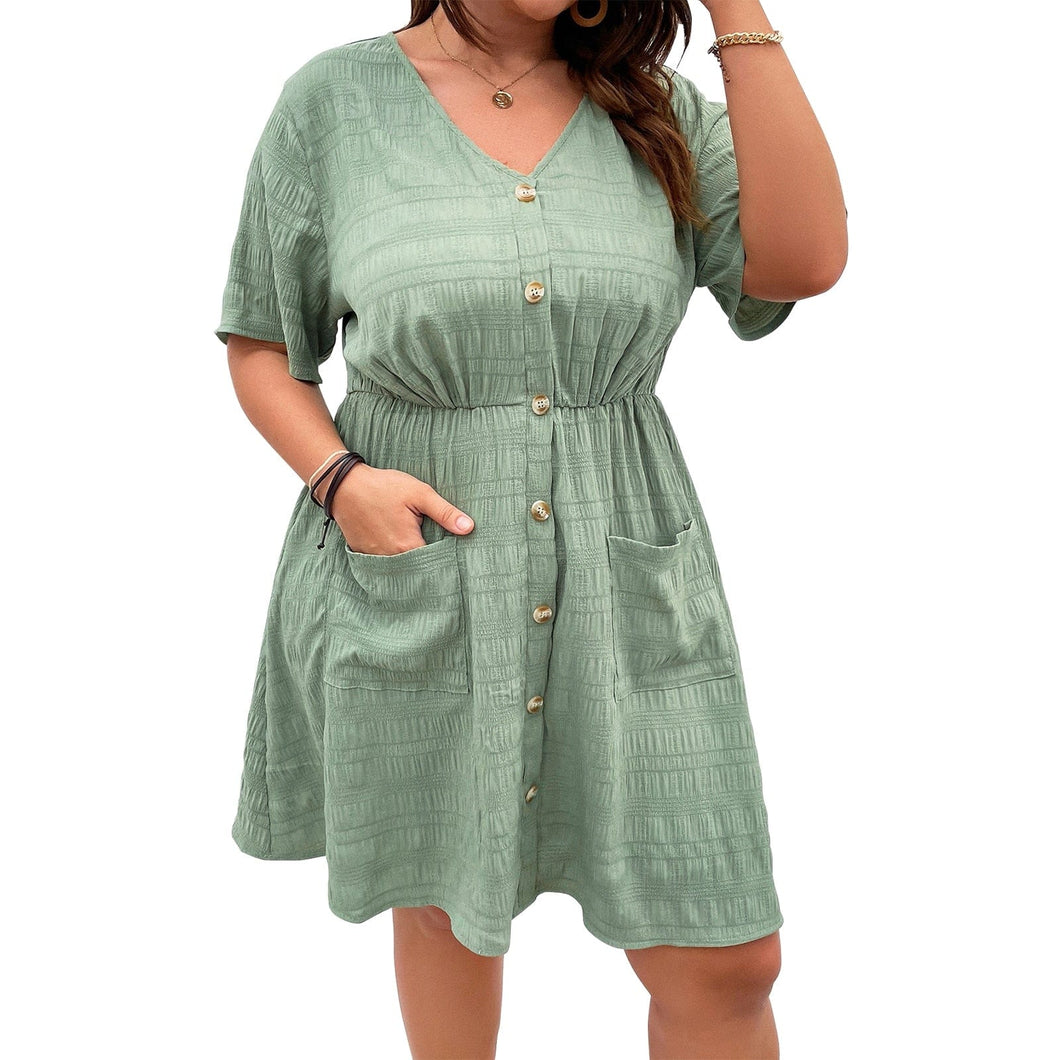 Cap Point Green / L Joelle Plus Size Short Sleeve Single Breasted Nipped Waist Mini Dress