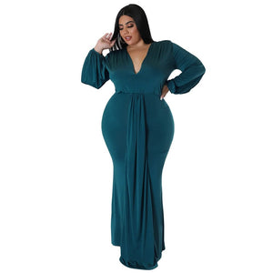 Cap Point Green / L Natalie Long Sleeve V Neck Irregular Elegant Plus Size Maxi Dress
