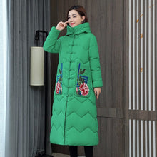 Load image into Gallery viewer, Cap Point green / M New Winter Style Embroidered Cross knee Long Sleeve Hooded jacket

