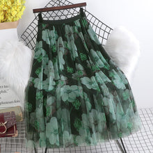 Load image into Gallery viewer, Cap Point Green / One Size Perline Floral Tulle High Wasit Pleated A-Line Maxi Skirt
