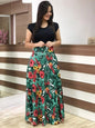 Cap Point Green Red / S Michelle Summer Banquet Floral Print Short Sleeve Maxi Dress