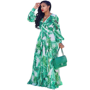 Cap Point Green / S Benita Summer V-Neck Print Sashes Long Maxi Dress