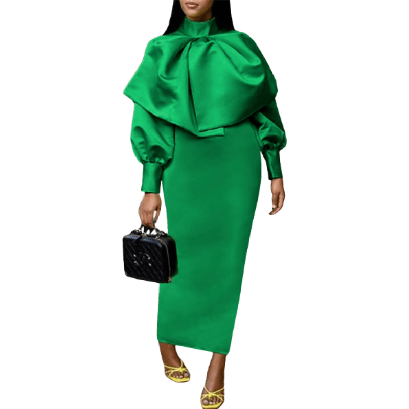 Cap Point Green / S Bianca Long Lantern Sleeve High Neck Bodycon Glitter Bow Maxi Dress