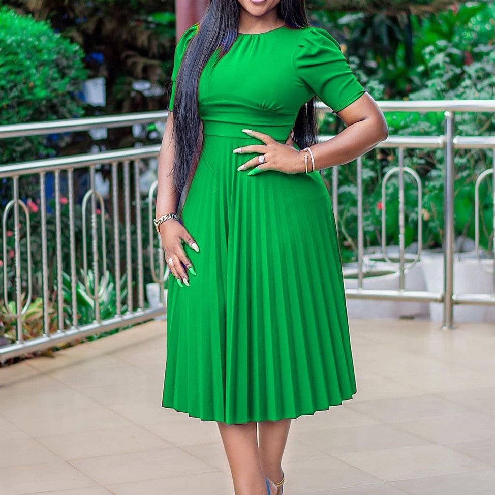 Cap Point green / S Daniella Pleated Mid-Calf High Waist Round Neck Half Sleeve Dress