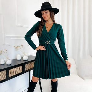 Cap Point Green / S Dianne Fashion Elegant V-neck Pleated Lace-up Long Sleeve Mini Dress
