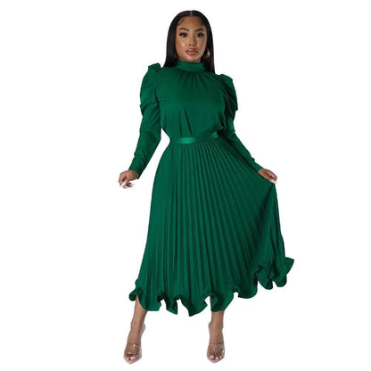 Cap Point Green / S Dinanga Elegant Slim Two Piece Solid Satin Puff Sleeve Top Ruffle Dress