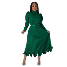 Load image into Gallery viewer, Cap Point Green / S Dinanga Elegant Slim Two Piece Solid Satin Puff Sleeve Top Ruffle Dress
