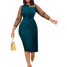 Load image into Gallery viewer, Cap Point Green / S Donda Polka Dot Patchwork Mesh Sleeve Bodycon Pleated Sheath Dress
