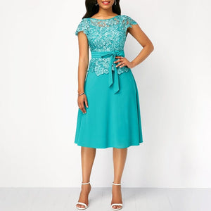 Cap Point green / S Elegant Women Fashion Bow Lace Patchwork Dress with Belt
