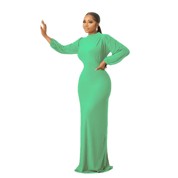 Cap Point Green / S Emilie Long Dress Solid Full Sleeve O-neck Strechy A-line Maxi Dress