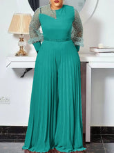 Load image into Gallery viewer, Cap Point Green / S Emilie Patchwork Wide Leg Long Sleeve Pleated One Piece Jumpsuit
