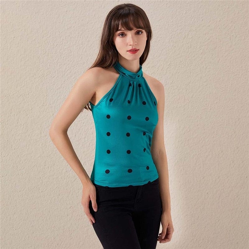Cap Point green / S Fashion Dot Print Sleeveless Slim Tight Blouse