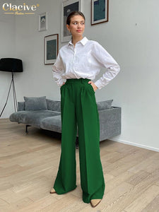 Cap Point Green / S Fashion Wide Leg High Waisted Casual Pants