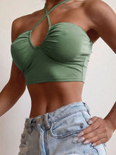 Load image into Gallery viewer, Cap Point Green / S Gina Sexy Solid Lace Up Bow Halter Ruched Crop Top
