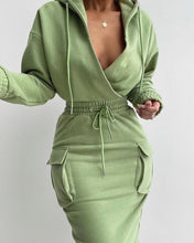 Load image into Gallery viewer, Cap Point Green / S Linton Pocket Design Drawstring Waist Hooded Sweatshirt Dress
