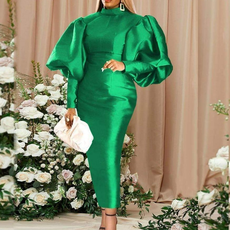 Cap Point green / S Long Sexy Lantern High Neck Shiny Bodycon Christmas Dress