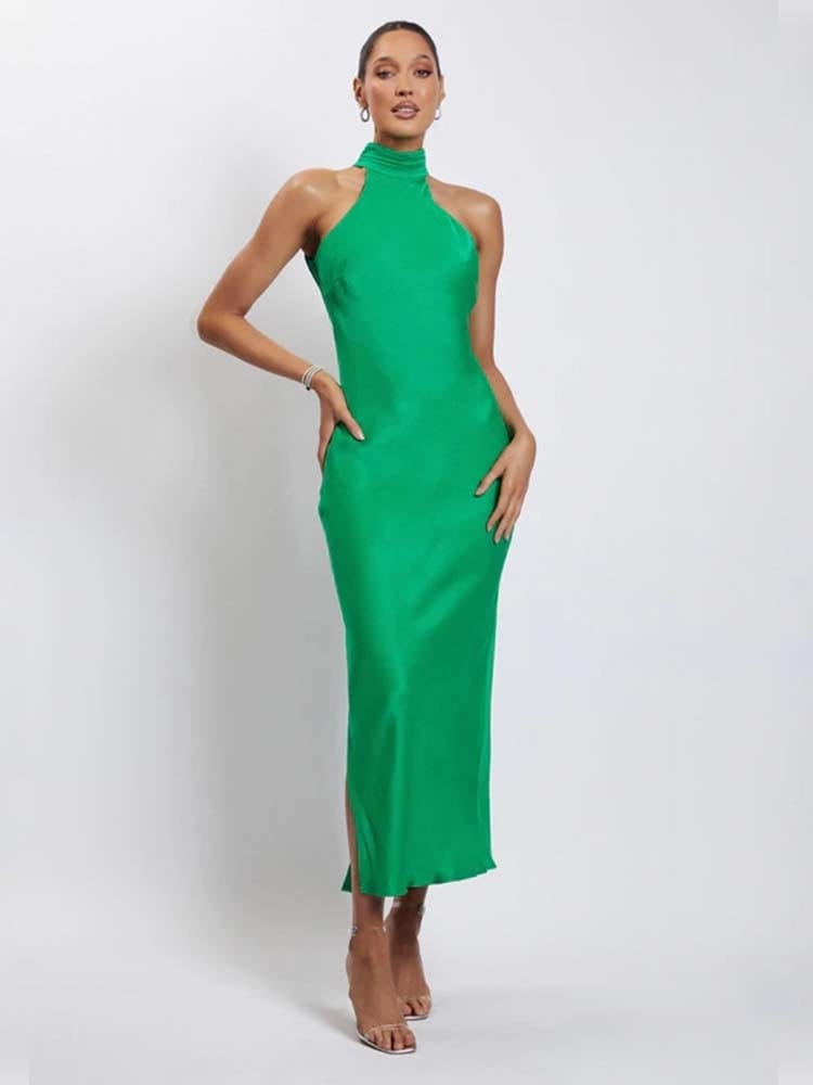 Cap Point Green / S Marianne Elegant Sexy Satin Turtleneck Backless Slim Bodycon Maxi Dress