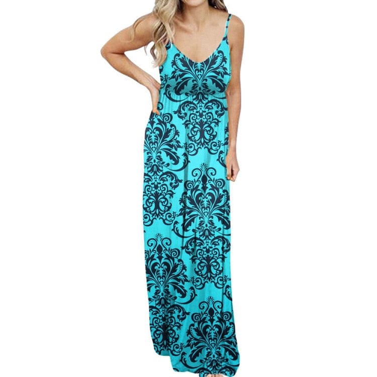 Cap Point Green / S Melania Loose Boho Spaghetti Strap Sleeveless Maxi Dress