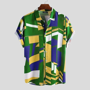 Cap Point Green / S Mens Geometric Print Lapel Short Sleeve Summer Shirt