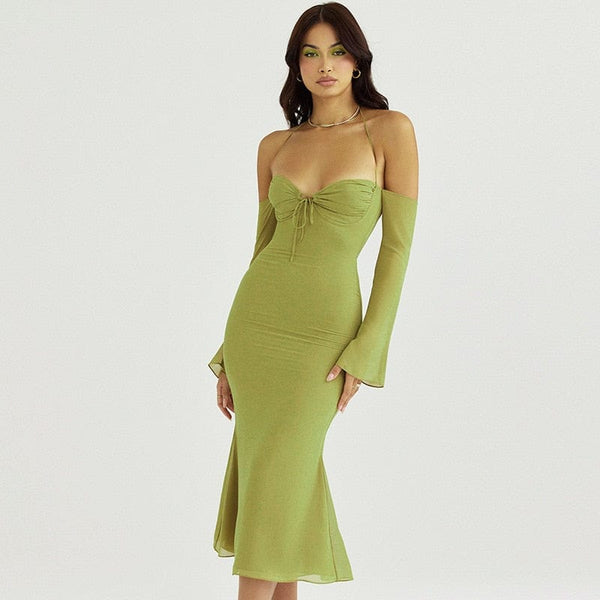 Cap Point Green / S Monroe Halter Neck Long Sleeve Backless Party Bodycon Dress