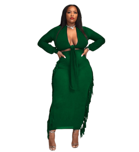 Cap Point Green / S Monroe Long Sleeve Tie Front Crop Top and Tassels Bodycon Maxi Skirt Set