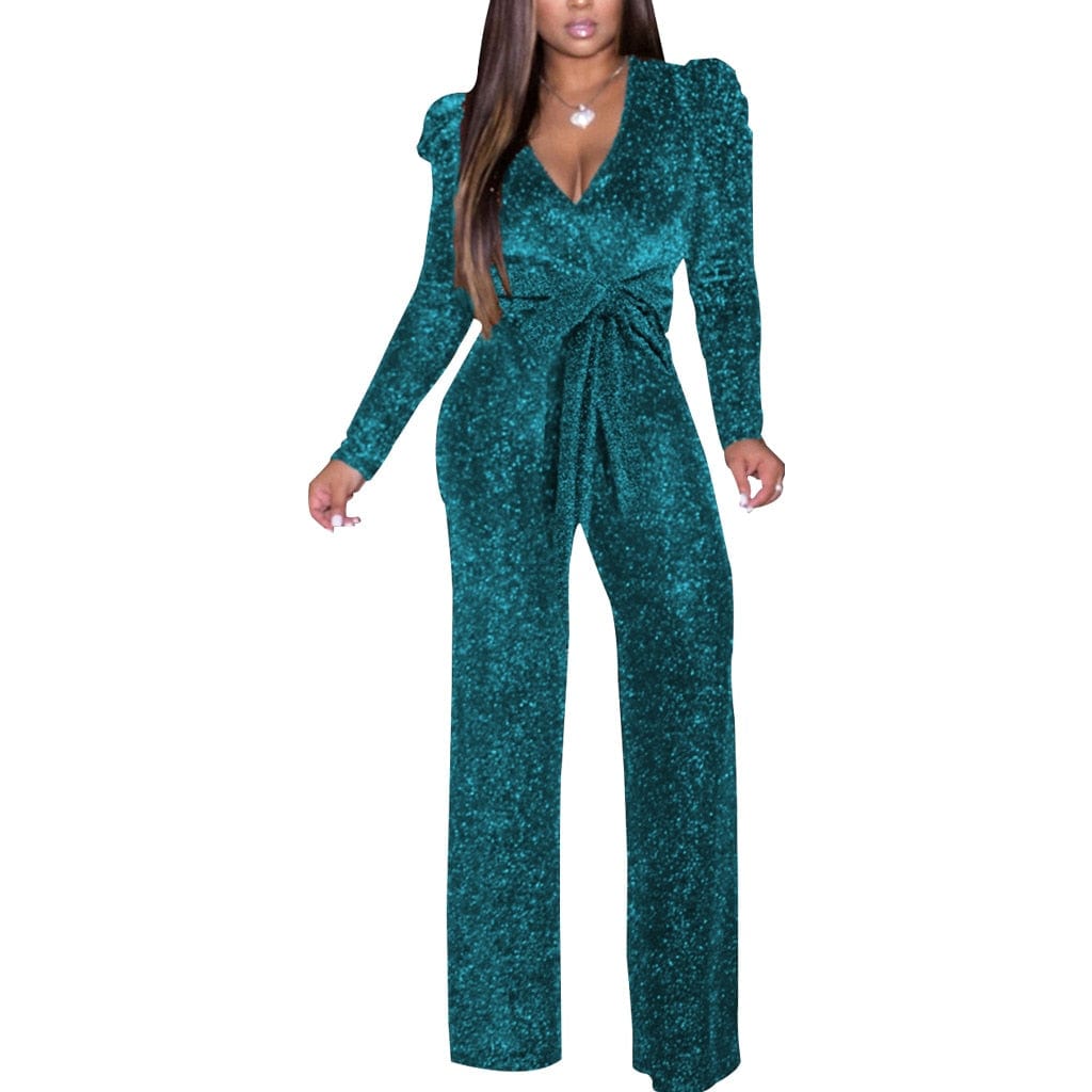Cap Point green / S Natasha Elastic Glitter Long Sleeve V-neck Romper