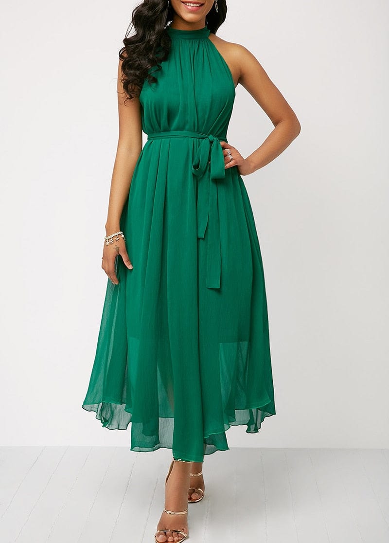 Cap Point Green / S Nelly Halter Neck Strapless Chiffon Pleated Lace Up Loose Off Shoulder Midi Dress