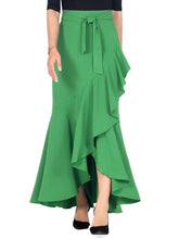 Load image into Gallery viewer, Cap Point Green / S Perline High Waist Wrap Asymmetrical Ruffle Mermaid Maxi Skirt

