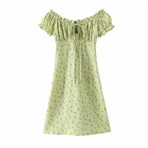 Cap Point green / S Sage Green Cotton Floral Print Ruched Back Scoop Neck Mini Dress