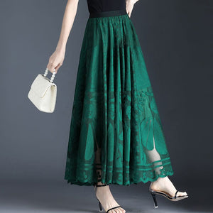 Cap Point Green / S Schomie Lace Big Swing Gauze Hollow Pleated Skirt