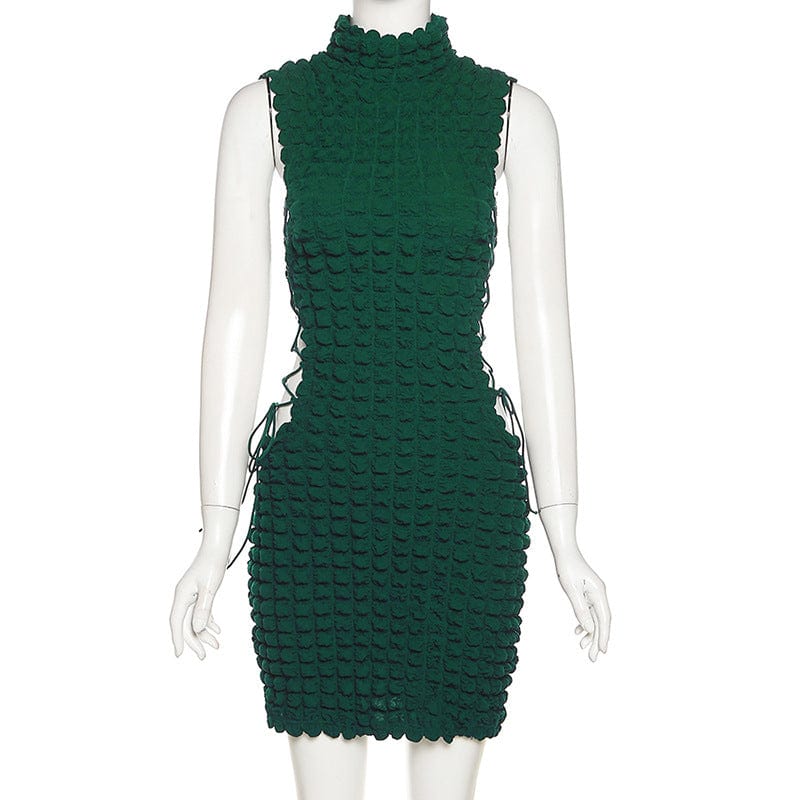 Cap Point green / S Sexy Solid Mock Neck Sleeveless Draw String Bodycon Mini Dress