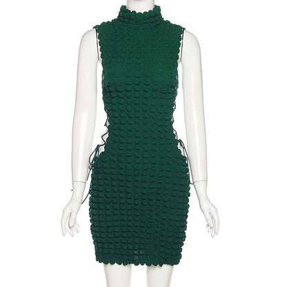 Cap Point green / S Sexy Solid Mock Neck Sleeveless Draw String Bodycon Mini Dress