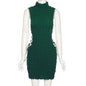 Cap Point green / S Sexy Solid Mock Neck Sleeveless Draw String Bodycon Mini Dress