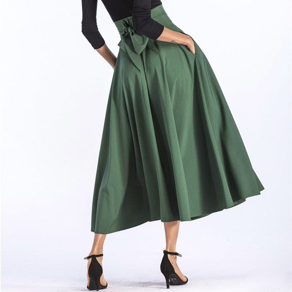 Cap Point green / S Slit Vintage Pleated Flared Pockets Lace Up Bow Maxi Skirt