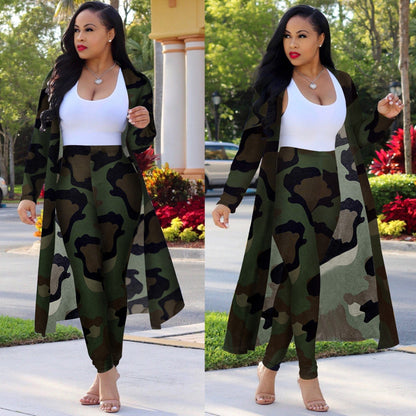 Cap Point Green / S Summer Print Long Sleeve Cardigan Pants Two Piece