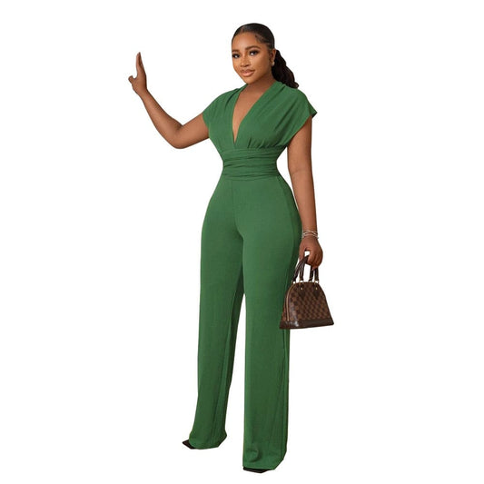 Cap Point Green / S Summer Solid Deep V-neck Bandage Long Wide-leg Jumpsuit