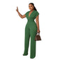 Cap Point Green / S Summer Solid Deep V-neck Bandage Long Wide-leg Jumpsuit