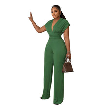 Load image into Gallery viewer, Cap Point Green / S Summer Solid Deep V-neck Bandage Long Wide-leg Jumpsuit
