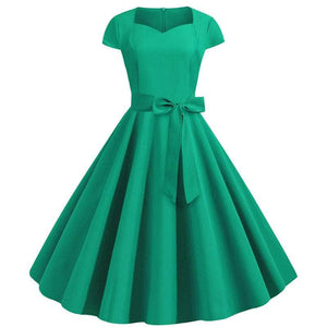 Cap Point green / S Urielle Short Sleeve Square Collar Elegant Office Party Midi Dress with Belt