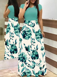 Cap Point Green White / S Michelle Summer Banquet Floral Print Short Sleeve Maxi Dress