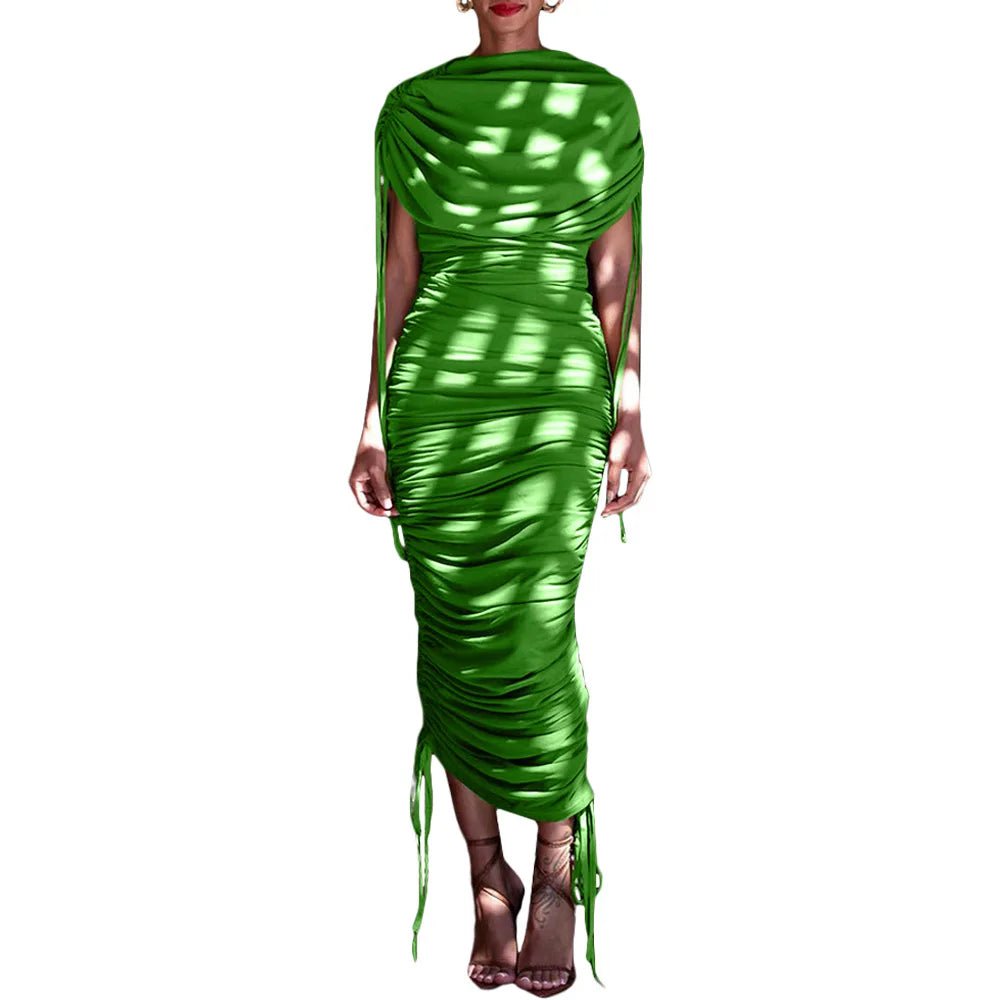Cap Point Green / XL Aimee Elegant Ruched Pleated Zipper Up Sleeveless Maxi Dress