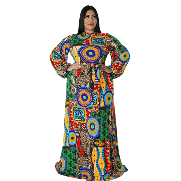 Cap Point Green / XL Doris Plus Size Elegant Long Sleeve Printed  Maxi Dress