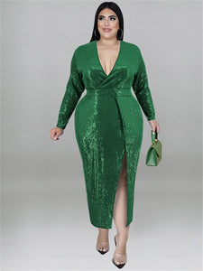 Cap Point Green / XL Doris Plus Size Fall V Neck Bodycon Elegant Sexy Evening Maxi Dress