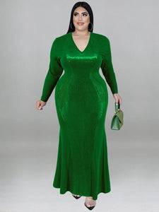 Cap Point Green / XL Doris Plus Size V Neck Sexy Long Sleeve Fashion Elegant Evening Luxurious Maxi Dress