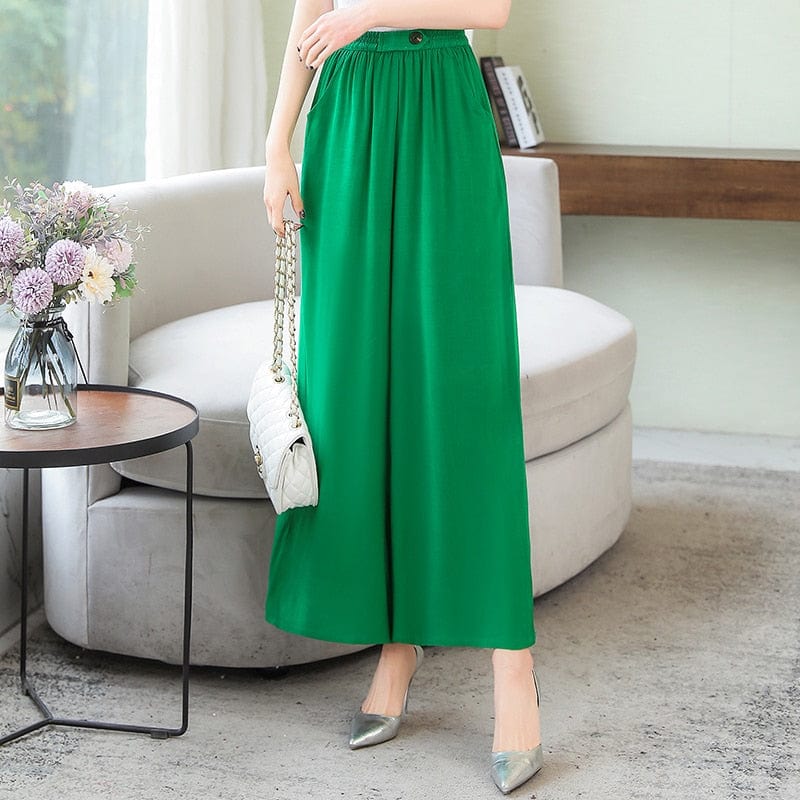 Cap Point Green / XL Michaeli Plaid Loose High Waist Ankle-Length Wide Leg Pants