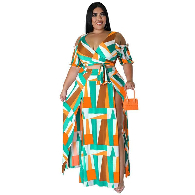 Cap Point green / XL Mongengo Plus Size Two 2 Piece Short Sleeve V-neck Crop Tops + Long Fork Skirt